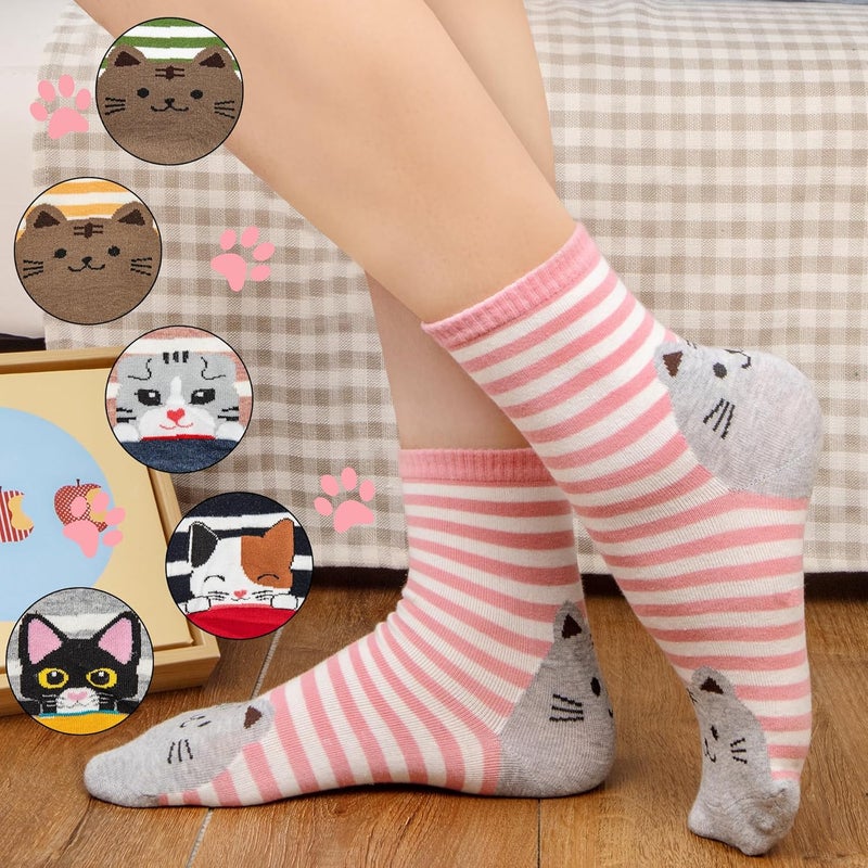 Socksfad Store 5-6 Pairs Women's Cute Cat Socks Gifts, Funny Novelty Animal Print Crew Cotton Socks Christmas Gifts for Women Girls - Image 3